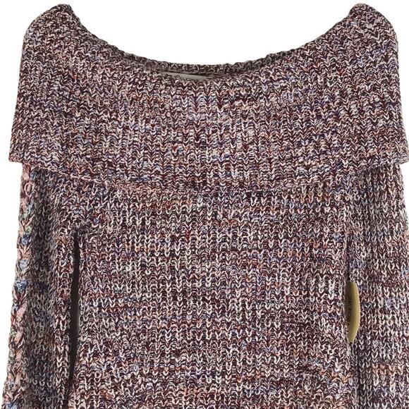 NWT American Rag Off the Shoulder Sweater Rib Knit Bell Sleeves Maroon Multi XS - Picture 2 of 10